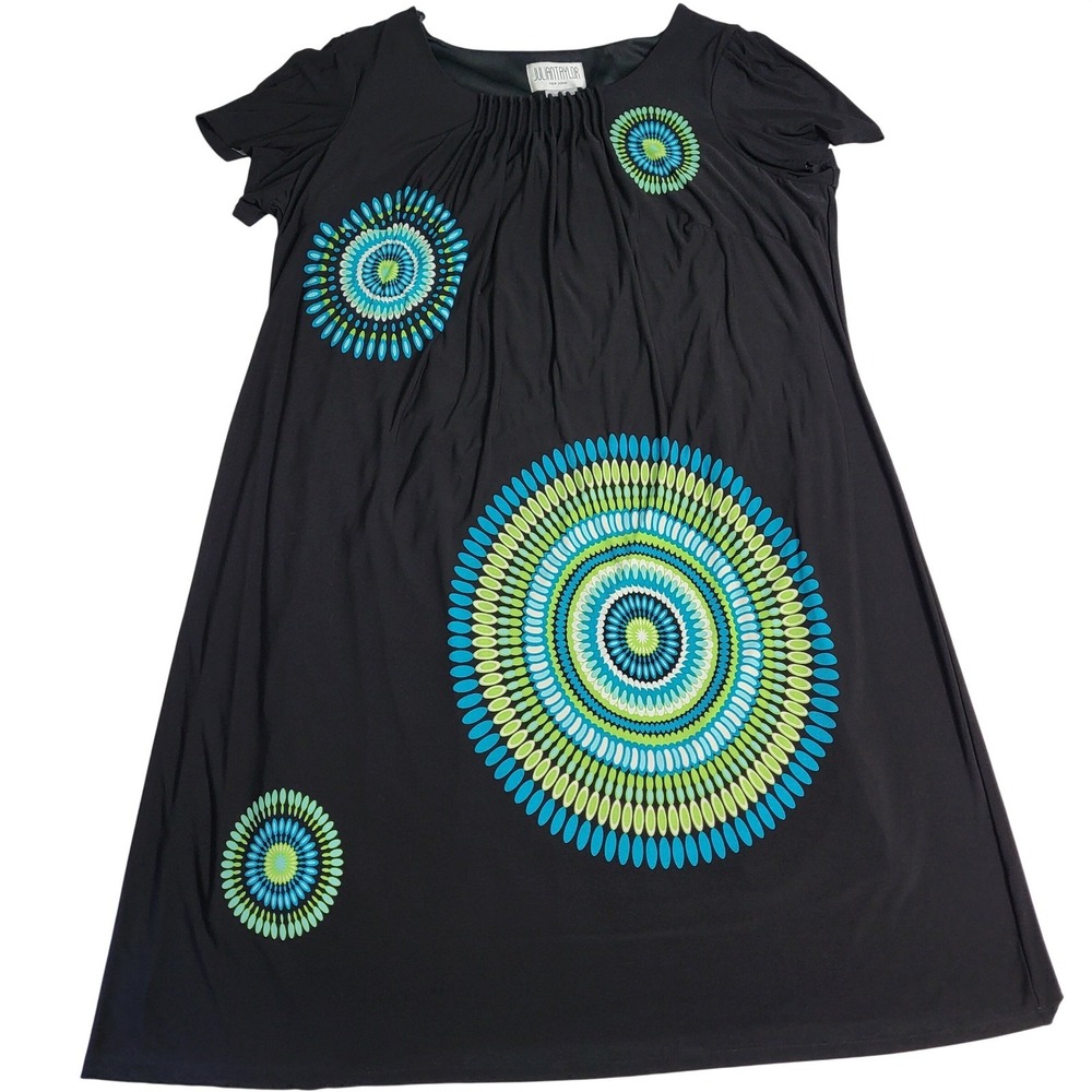 Julian Taylor NY 3X Black Mod Print A-Line Shift Dress Blue Green Medallion